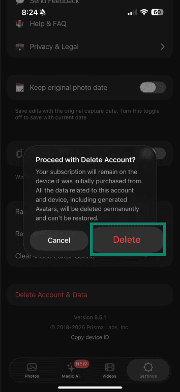 Lensa delete account confirmation screen with “Delete” button.