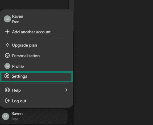 ChatGPT menu with Settings highlighted.
