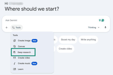 Gemini Tools menu with Deep research highlighted.