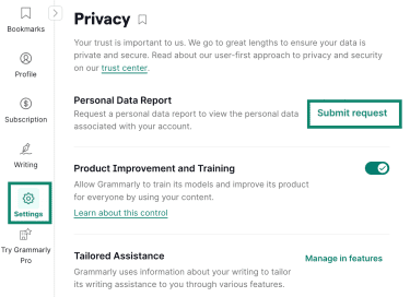 Requesting Personal Data Report through Grammarly privacy settings.