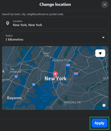 Change location window on Facebook.