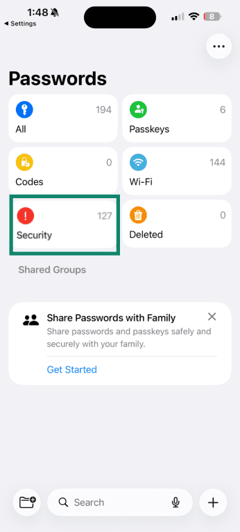 iPhone Passwords app showing Security section.