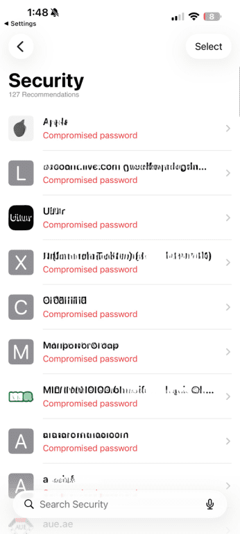 iPhone Passwords Security screen showing compromised passwords.