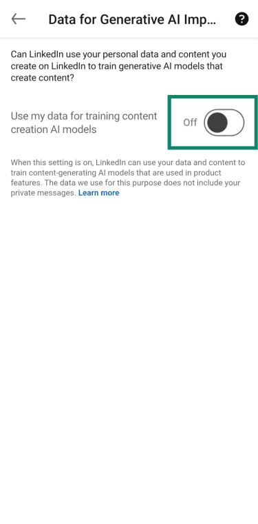 LinkedIn AI training setting toggled off