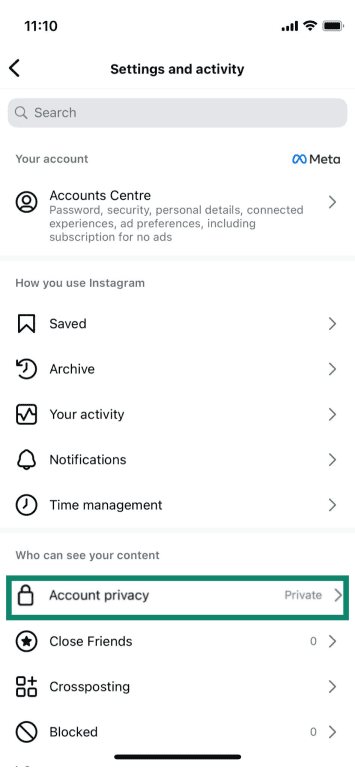 The account privacy settings on Instagram.