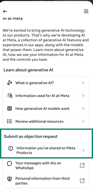 AI at Meta page with objection request option