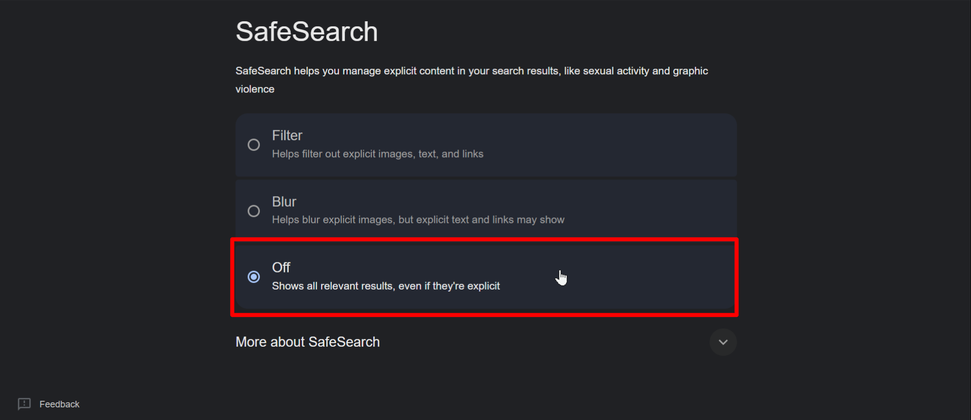 Désactivation des paramètres SafeSearch dans les paramètres de recherche Google.