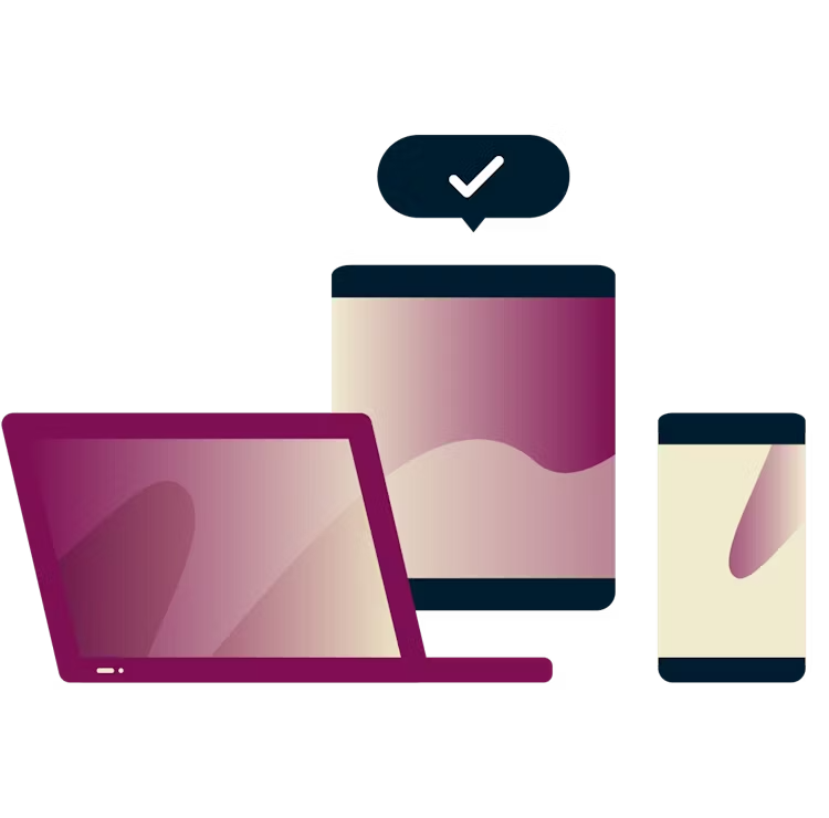 Laptops and device with a checkmark in a speech bubble.