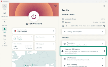ExpressVPN Windows app open on the Profile screen, with the Internet Kill Switch option highlighted in Settings while the VPN is disconnected and marked Not Protected.