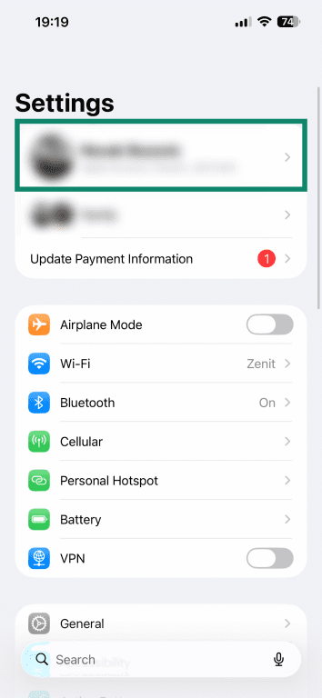 The Settings menu on an iPhone.