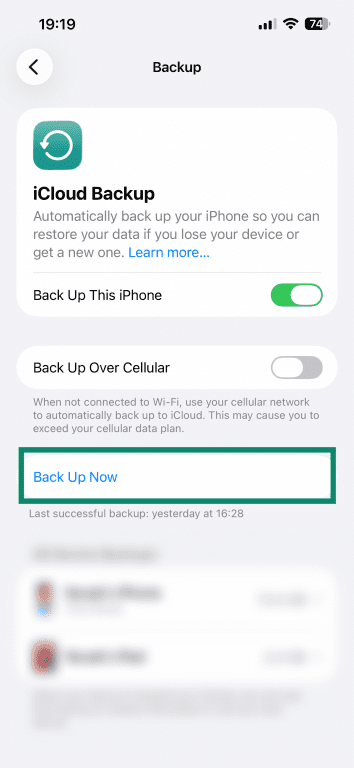The iCloud Backup screen, showing the Back Up Now button.