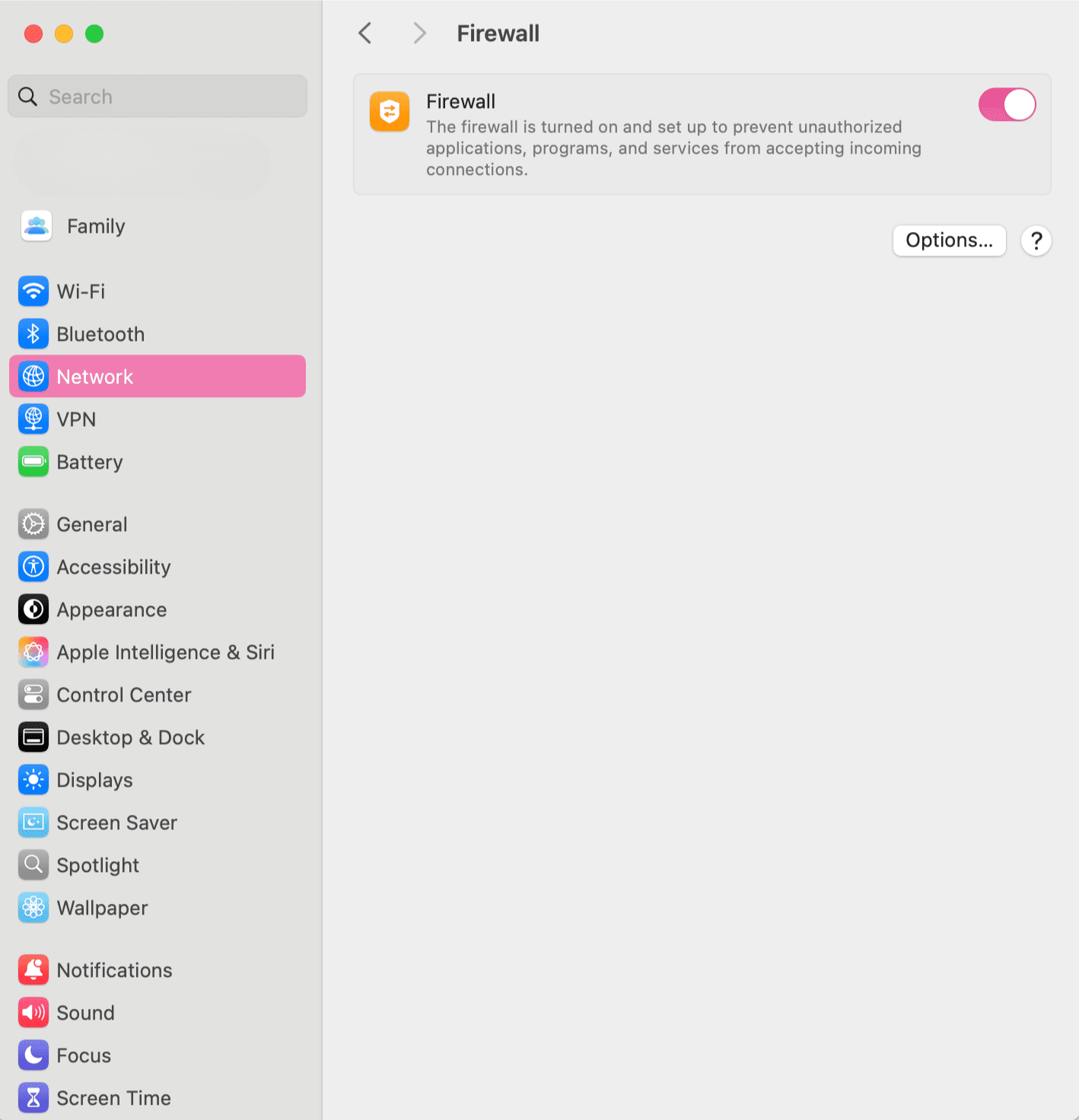 macOS Firewall settings showing the firewall switched on in Network section.