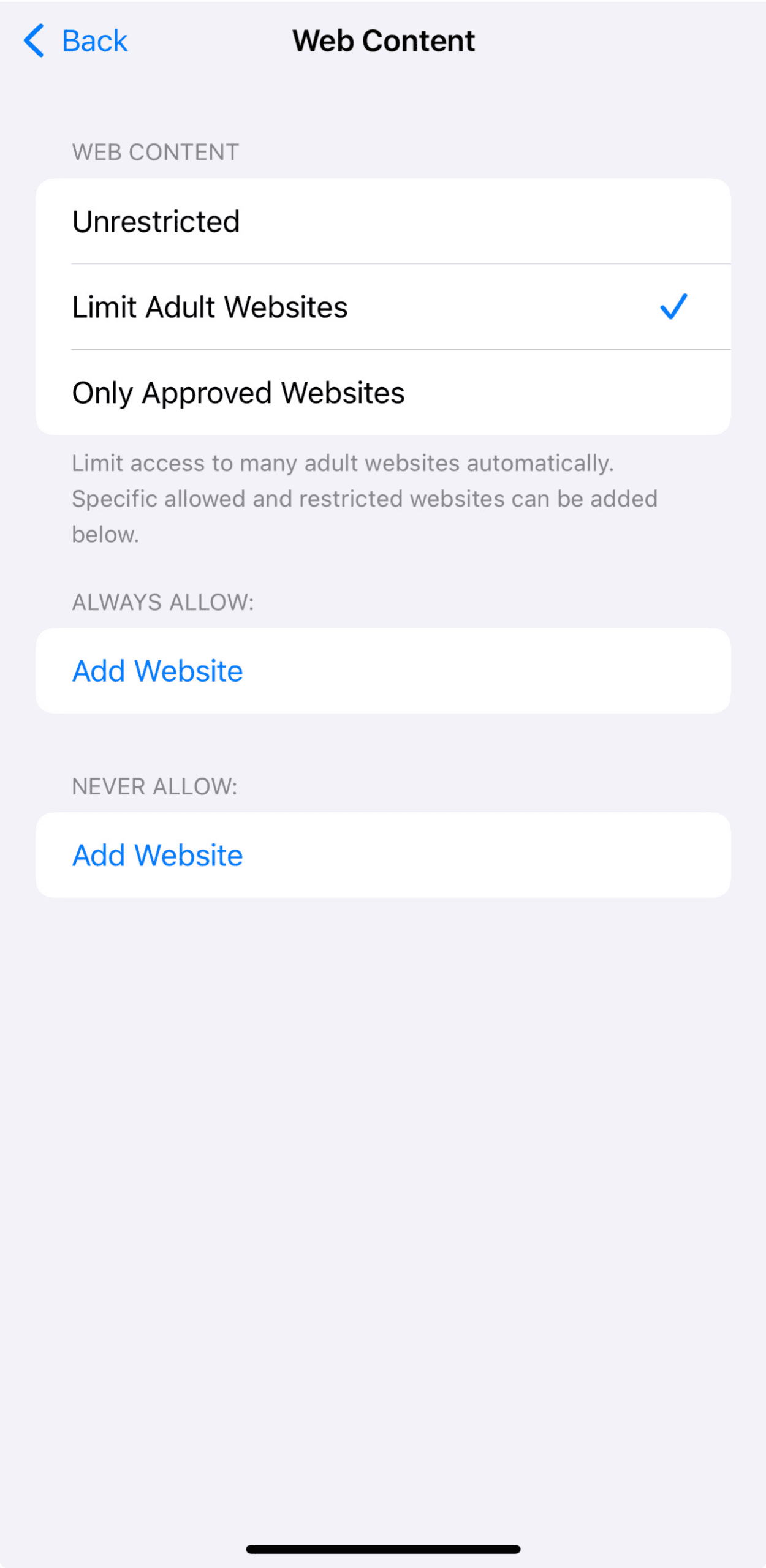 iPhone screen showing how to restrict websites.