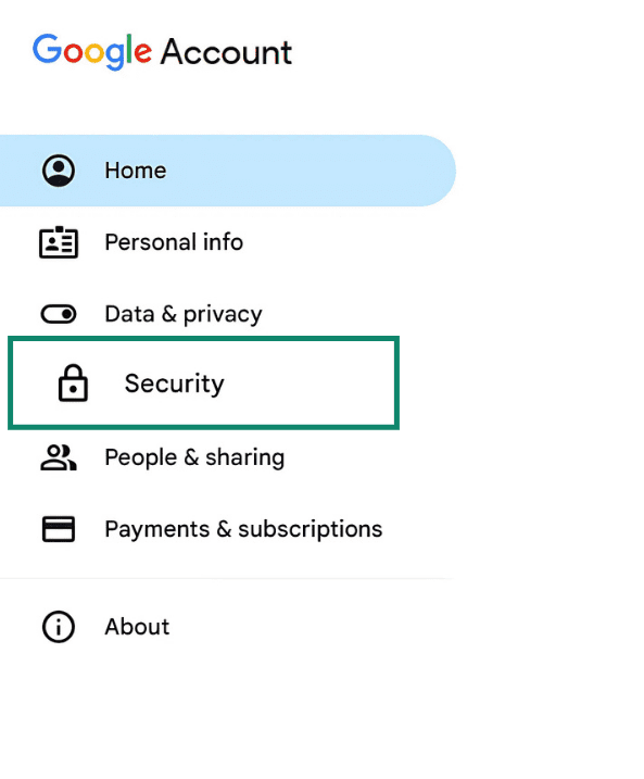 Screen of the Google Account side bar with the "Security" section highlighted.