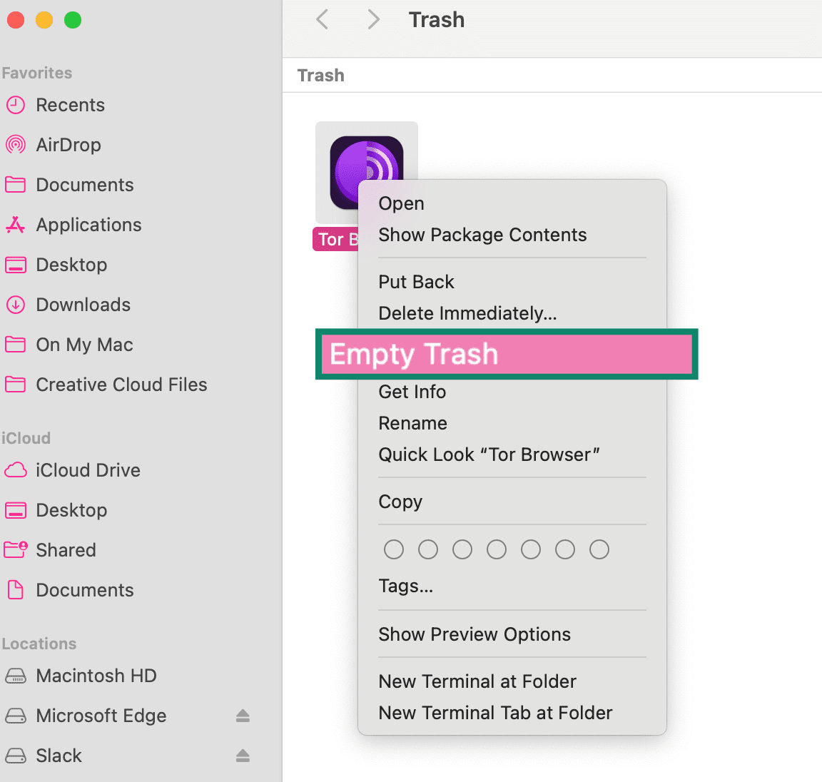 Right-click menu showing