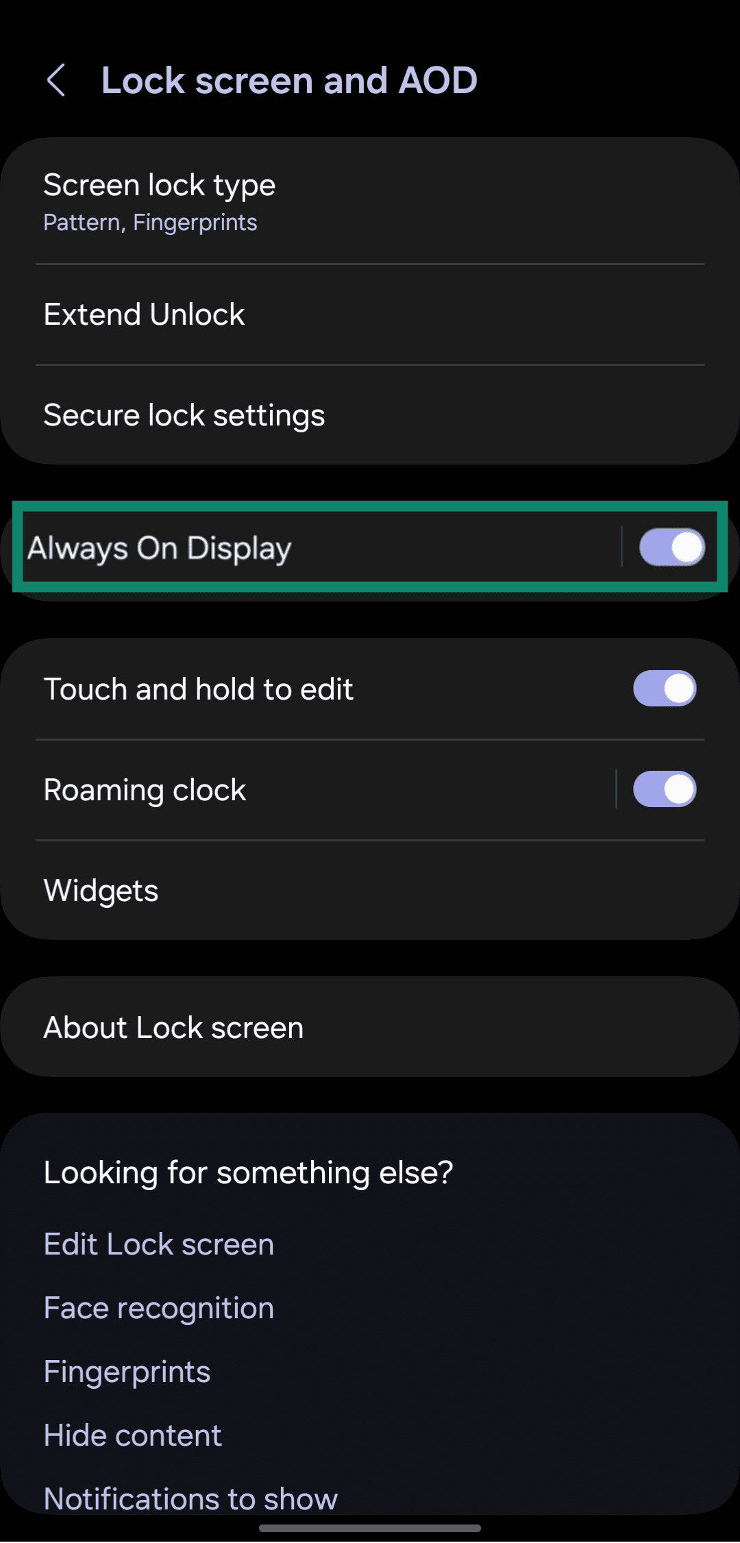 Toggling the Always On Display feature in a Samsung phone through the settings menu