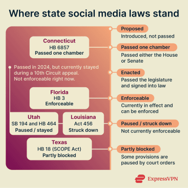 Infographic showing where state social media laws stand, including Utah’s paused SB 194 and HB 464, Florida’s enforceable HB 3, Texas’s partly blocked SCOPE Act, Louisiana’s struck-down Act 456, and Connecticut’s HB 6857.