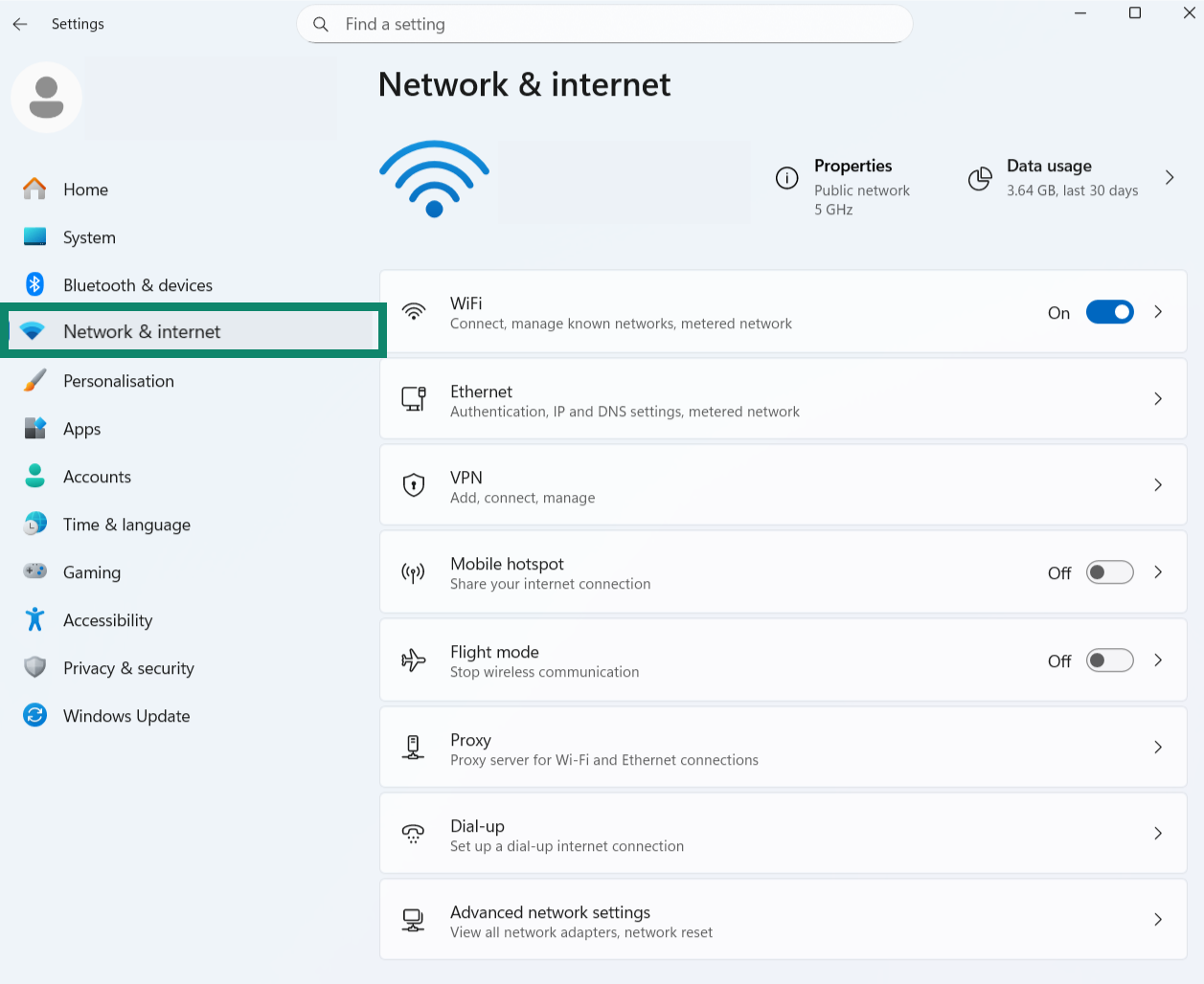 A screenshot of the Network & internet section of the Windows Settings app.