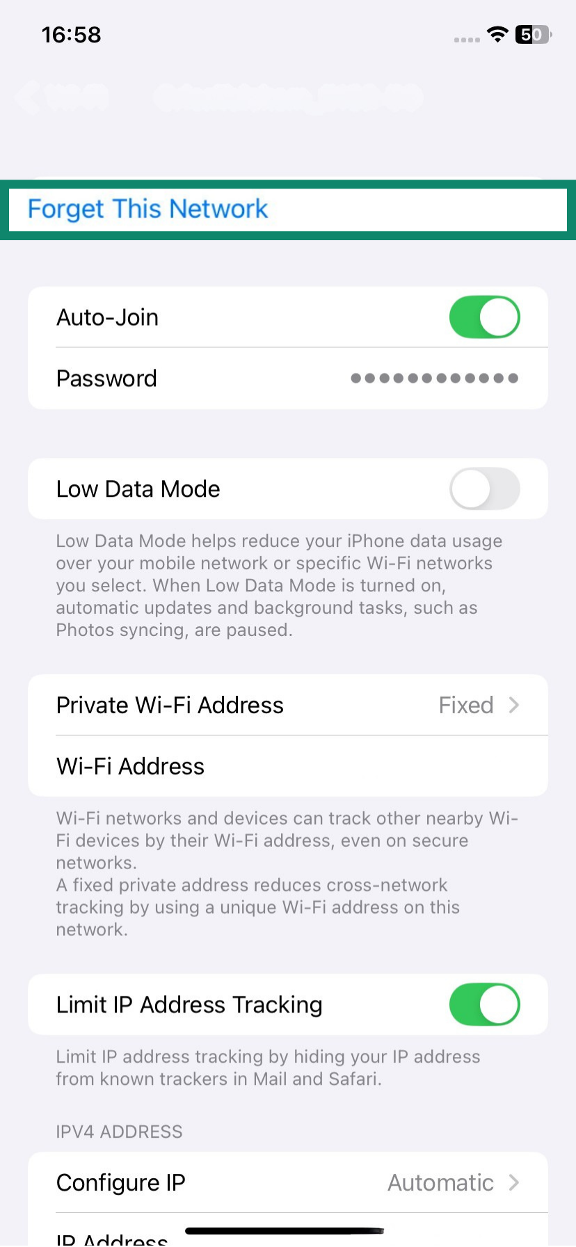 iOS Wi-Fi menu with the option to Forget this network highlighted