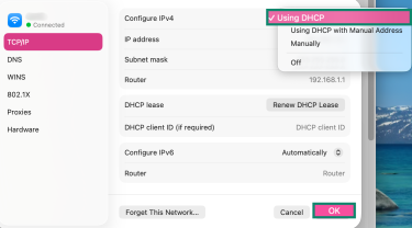Options for configuring IPv4 on macOS in the "TCP/IP" settings menu, highlighting the "Using DHCP" configuration.