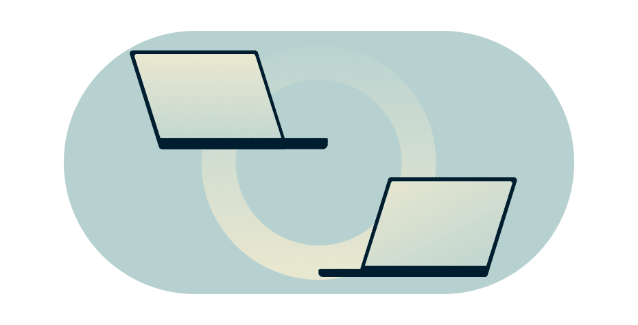 Zwei Computermonitore, die durch einen Kreis mit Farbverlauf verbunden sind.