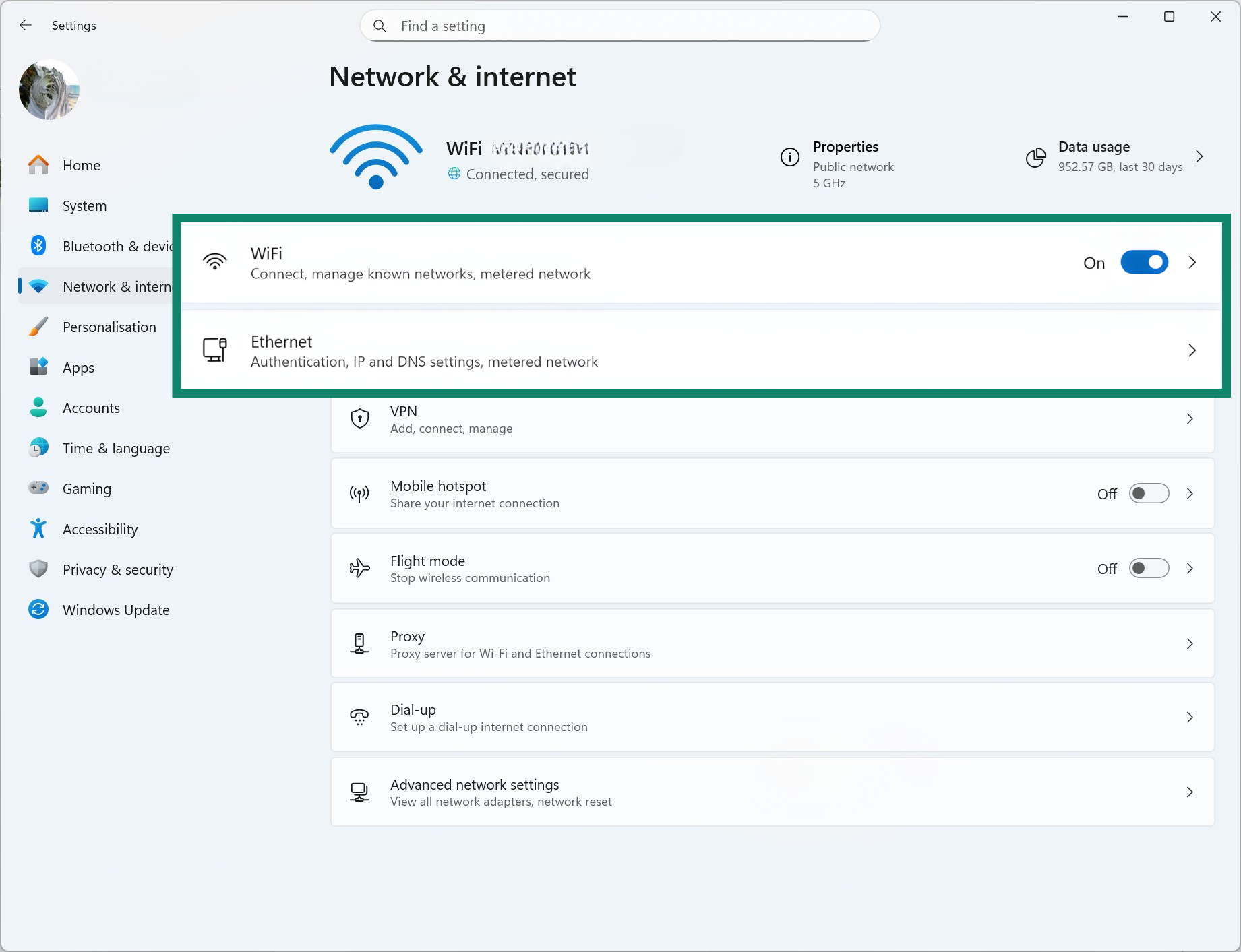 Windows 11 Network and Internet menu.