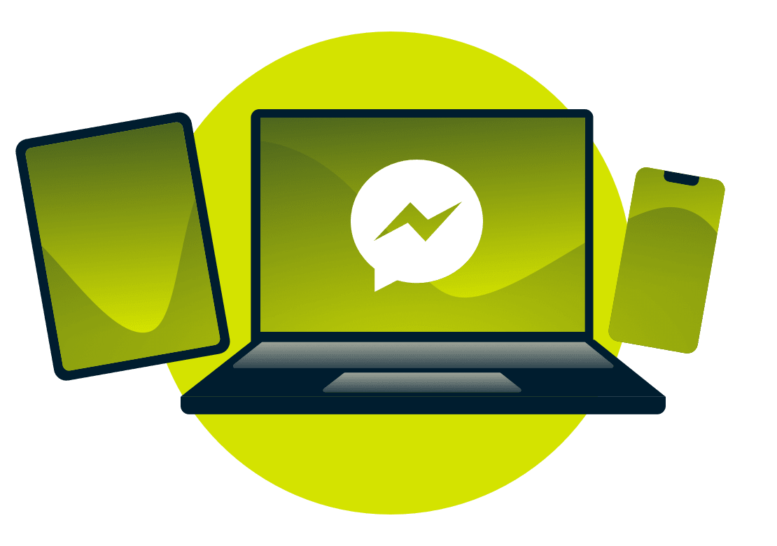 A laptop, tablet, and phone, with the Facebook Messenger logo.