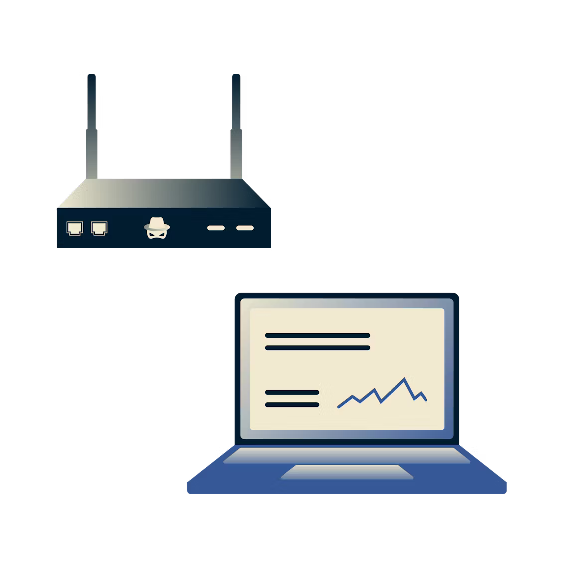 Un router con teschio e ossa incrociate che ruba i dati da un portatile via Wi-Fi.