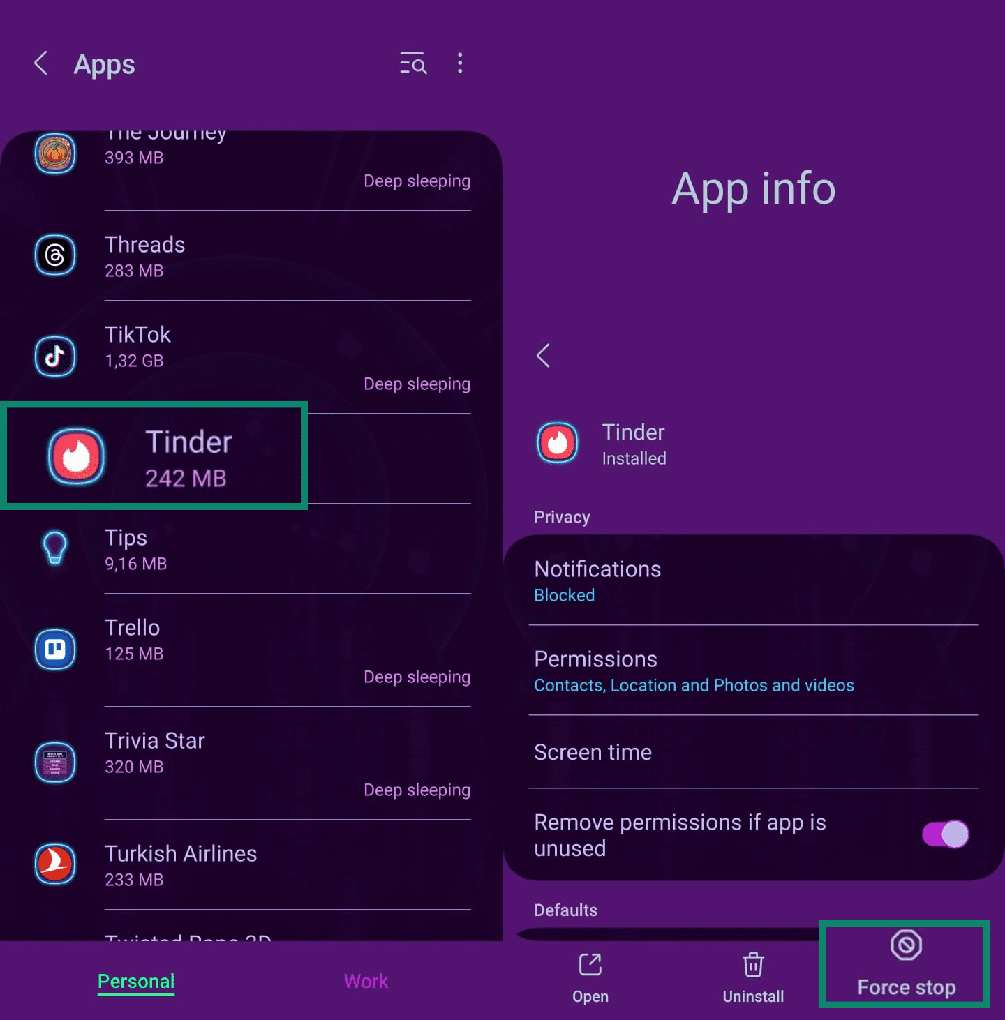 Two Android screenshots side by side. One with a list of installed Android applications with the
