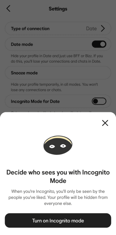 Bumble Settings screen with an Incognito Mode pop-up explaining that only people you have liked can see your profile, with a