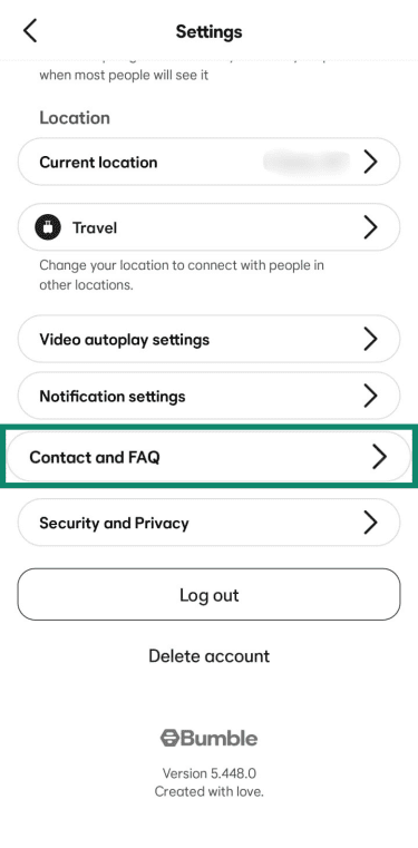 Bumble Settings screen showing Location options and a highlighted