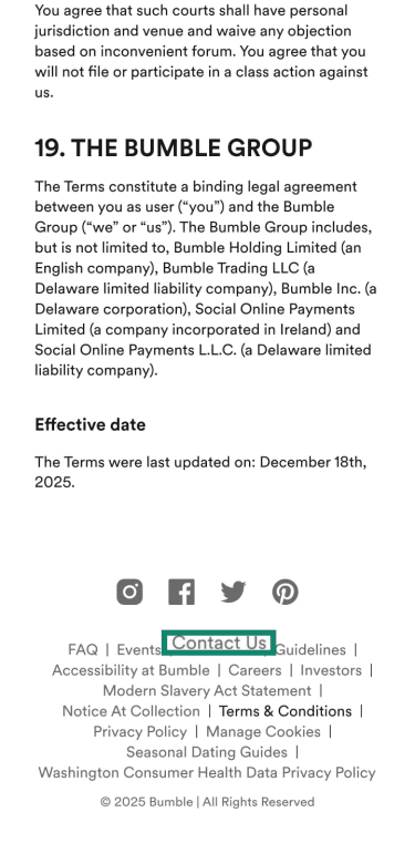 Bumble Terms and Conditions page showing
