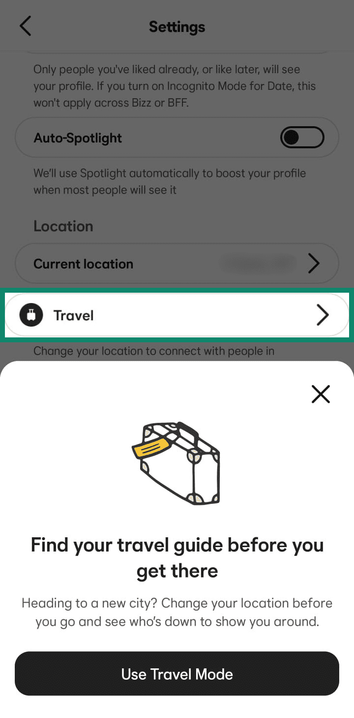 The Travel section within Bumble settings showing a suitcase illustration and a