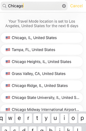 The Travel Mode search interface displaying
