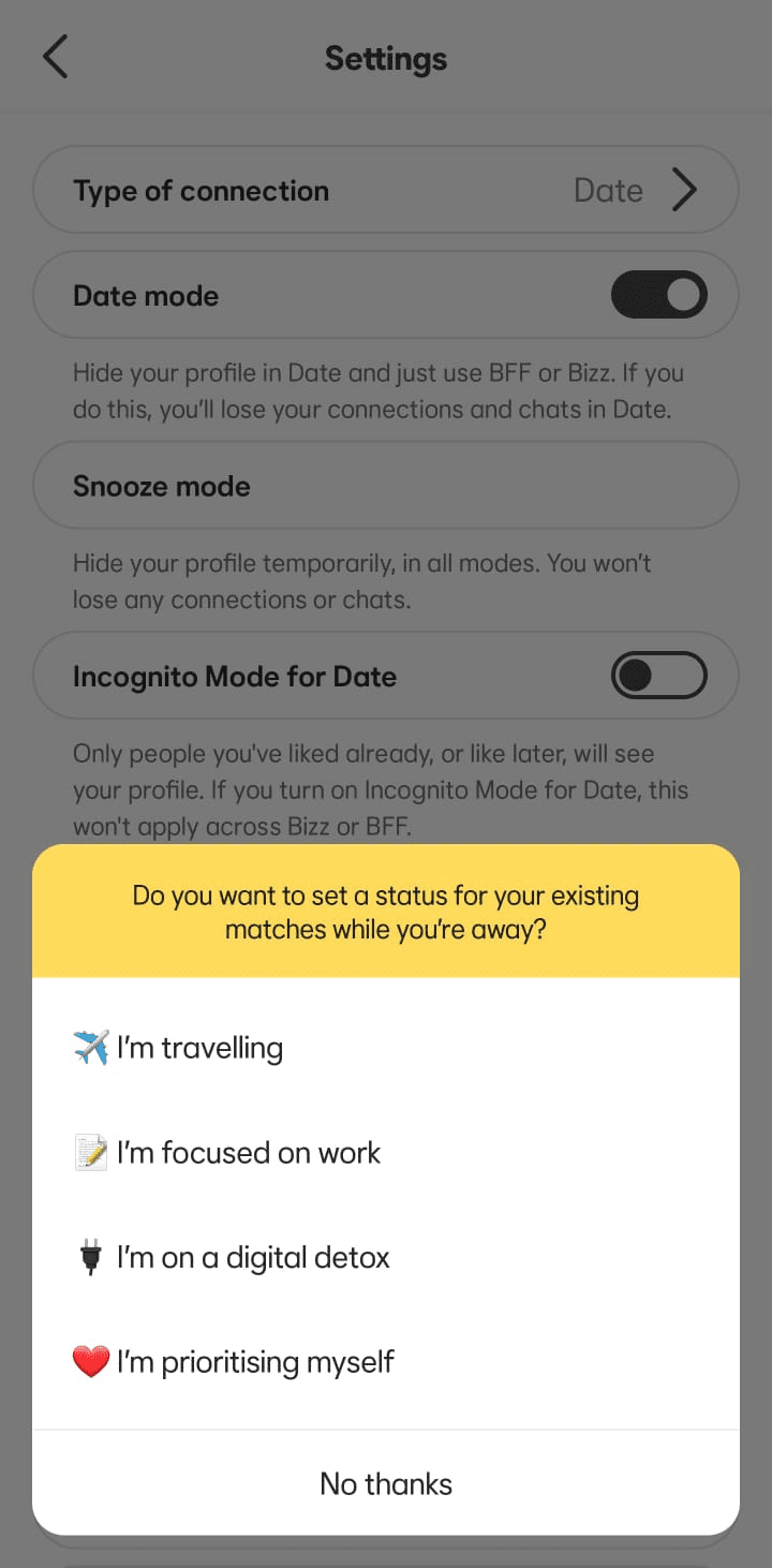 Bumble Settings screen showing Snooze mode and a prompt to set a status for existing matches.