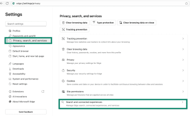 Edge's "Privacy, search, and services" tab, with a highlighted "Search and connected experiences" option.