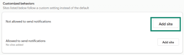 The Edge notifications menu is open, and the Add site is highlighted to block notifications.