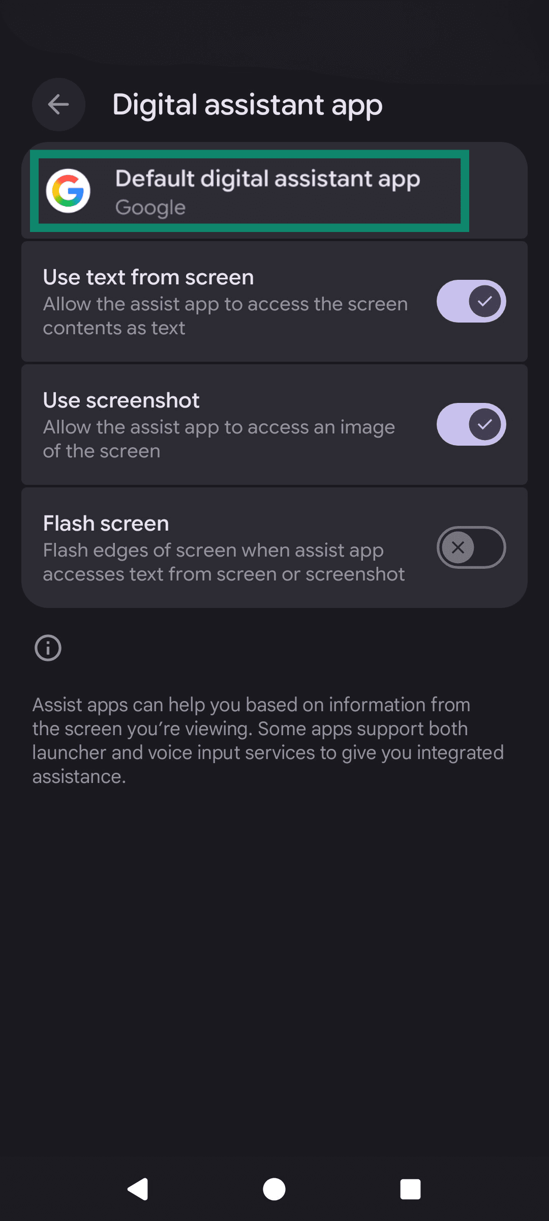 The Android default digital assistant menu , directing users to the