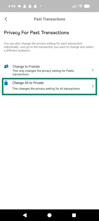 Option to change all past transactions to private in the Venmo Privacy Settings