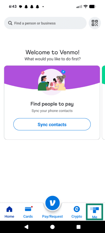 Me tab shown on the Venmo mobile UI welcome screen