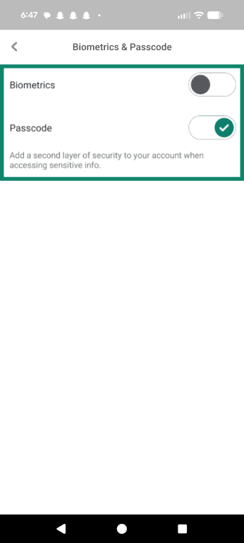 Biometrics & Passcode toggle shown in Venmo mobile app