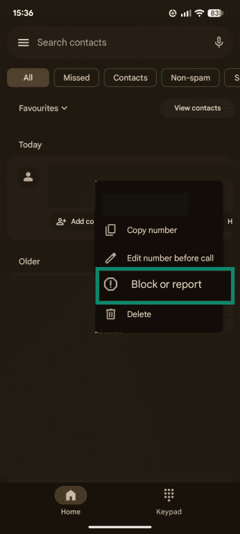 The Android Phone app, showing the block or report button.