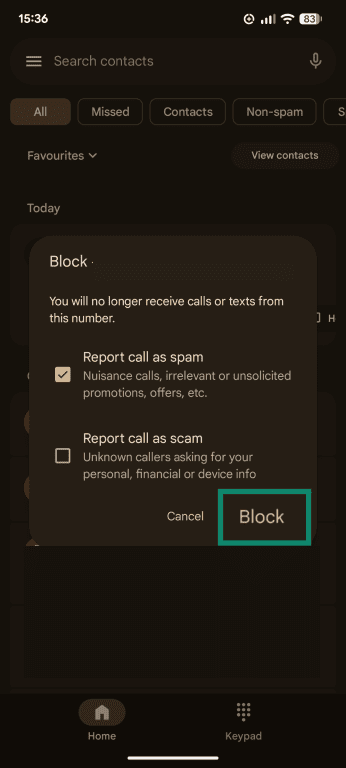 The block menu on the Android Phone app, showing the options to block a caller and report them.