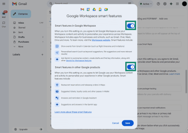 Smart features in Google Workspace and Smart features in other Google products toggles