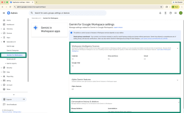 Showing options for Workspace Intelligence Sources and Conversation history & deletion under Gemini for Workspace.
