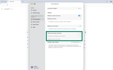 How to turn off ChatGPT Atlas browser memories by toggling off Reference browser memories.