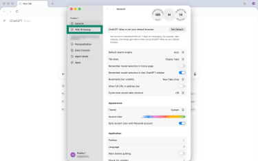 How to access the ChatGPT Atlas Web Browsing settings menu
