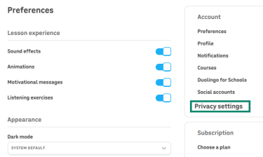 The Duolingo preferences menu.