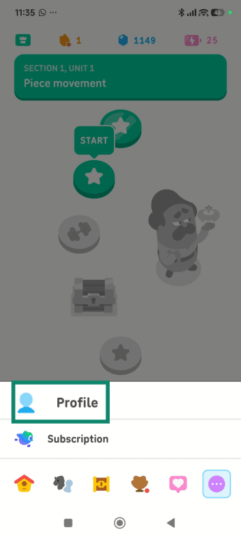 The Duolingo Android app, with the Profile option selected.