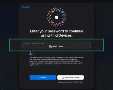 Apple Find Devices login page, highlighting the email field.
